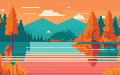 background illustration showcasing a serene lakeside landscape with a tranquil lake, towering trees, and a picturesque sunset. utilize a warm and inviting color palette of flat colors to create a