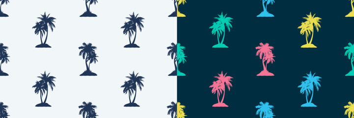 Seamless pattern with palm trees. Set of summer seamless backgrounds with tropical palm trees. Graphic design for textile, t-shirt and apparel print and other. Vector illustration.