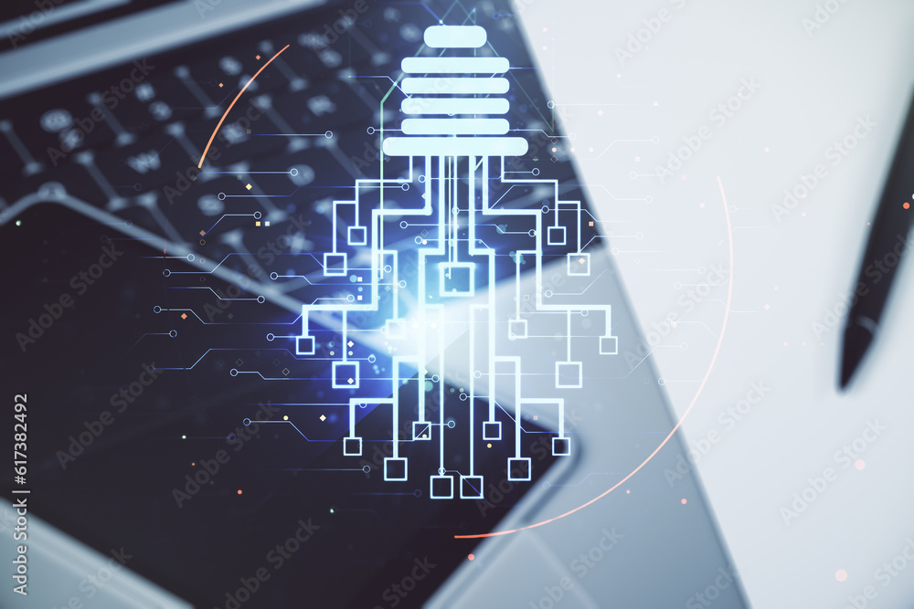 Aufkleber Creative idea concept with light bulb and microcircuit illustration on modern laptop background. Neural networks and machine learning concept. Multiexposure