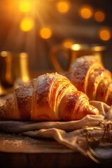 white cup morning bakery background food drink croissant table breakfast bokeh background. Generative AI.