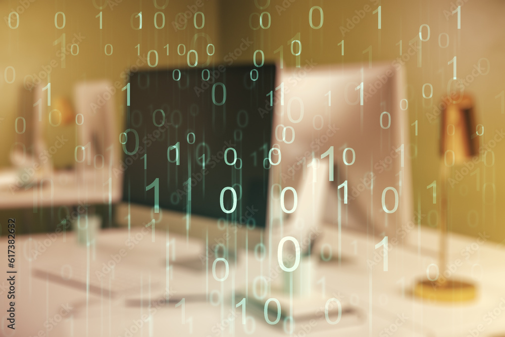 Leinwandbilder Creative abstract binary code hologram on modern computer background, AI and machine learning concept. Multiexposure