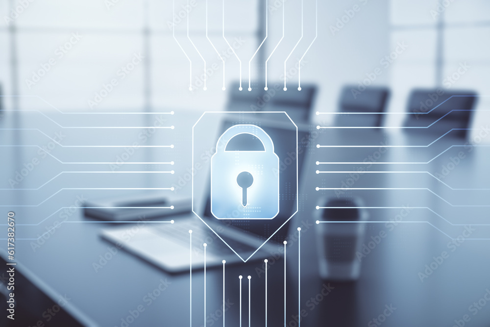 Poster creative light lock illustration with microcircuit on modern computer background, cyber security con