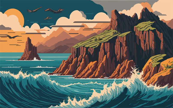 vector illustration a dramatic and rugged coastal cliff scene with crashing waves, towering cliffs, and a stormy sky. power and raw beauty of the coastal landscape, appealing to adventure tourism