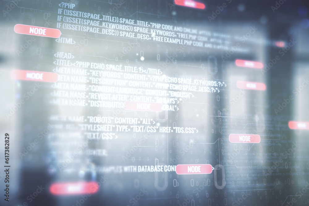Poster abstract virtual coding concept on empty corporate office background. multiexposure
