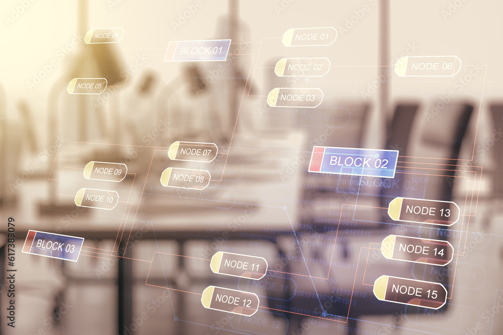 Poster multi exposure of abstract software development hologram on modern corporate office background, rese