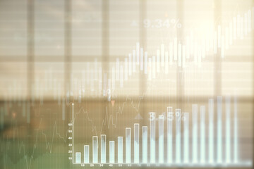 Multi exposure of virtual abstract financial diagram on abstract empty interior background, banking and accounting concept