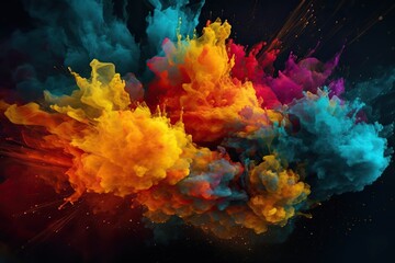 Fototapeta na wymiar Generative AI illustration of explosions of colors on black background, many colors, dynamic, modern, visual effect