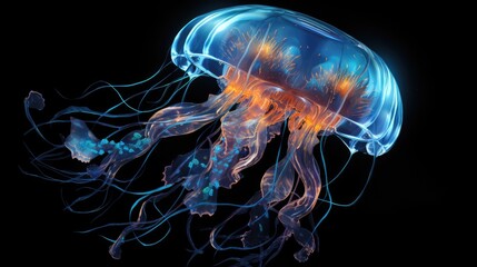 Glowing jellyfish swim deep in blue sea