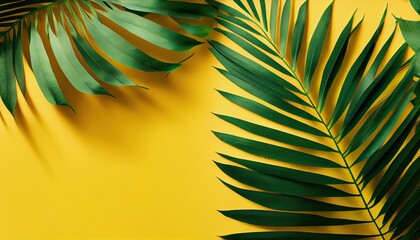 Generative AI illustration of flat lay of green palm branches over yellow pastel background, wide composition. Summer vacation, travel or fashion concept