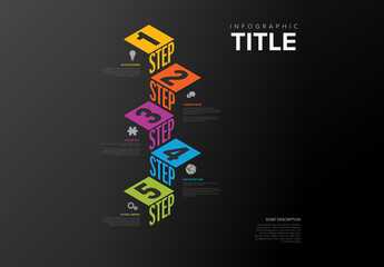 Dark Infogrpahic vertical five steps diagram template for workflow, business schema or procedure diagram