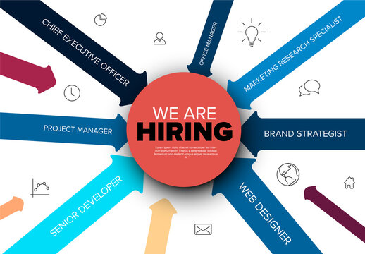We are hiring minimalistic blue and red flyer template with arrows containing position names