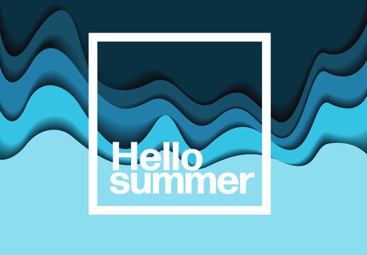 Hello Summer - simple minimalistic Summer holiday poster with abstract papercut waves