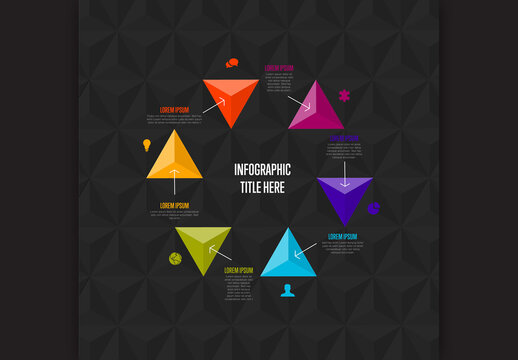 Six triangle elements infographic cycle with icons and descriptions dark version