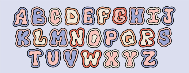 Colorful kawaii Alphabet Letters set. Liquid Cute bubble font for children book, education, school, scrapbook, poster, birthday card, collage, etc