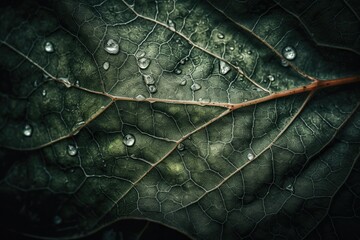 Naklejka na ściany i meble Generative AI illustration of leaf texture, water, flat lay, macro