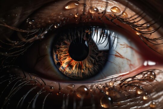 Generative AI illustration of extreme macro close up photo of brown eye, wet, translucence, back lit