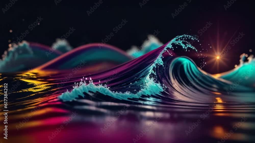 Poster Abstract fluid iridescent holographic neon curved wave in motion colorful background 3d render. Generative ai
