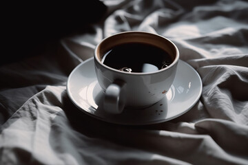 A Cup Of Black Coffee On White Bedsheets, Generative AI