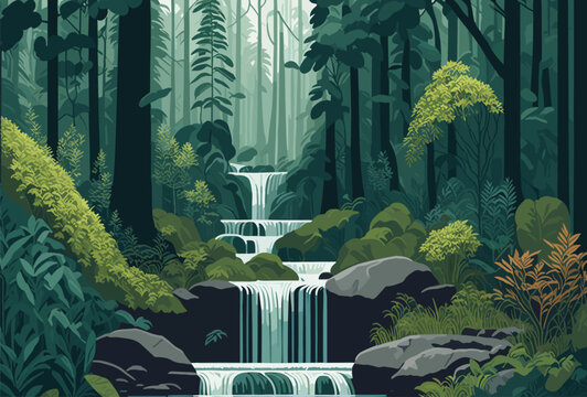 tranquil illustration a serene waterfall nestled within a lush forest. Depict the waterfall cascading down moss covered rocks, surrounded by verdant foliage and trees. natural beauty. for nature