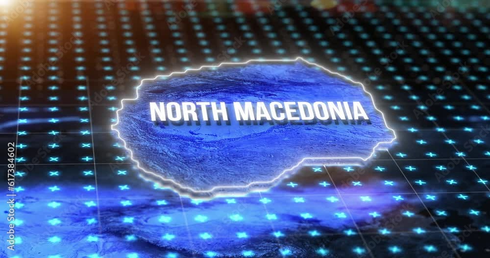 Poster digital map, country location and hologram of north macedonia, gps pin and 3d rendering. technology,