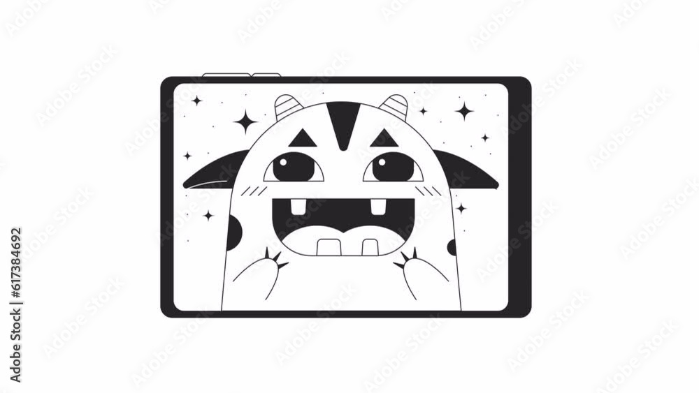 Poster happy monster on tablet bw animation. black and white thin line icon 4k video for web design. watch 