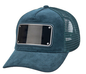 Bluish-green velour cap with a visor, with a black metal plate in front and a ventilated mesh at the back, isolated on a white background. - 617384613