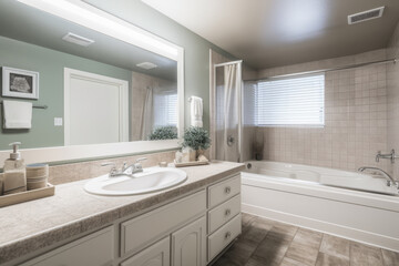 Fototapeta na wymiar A White Bathtub And Sink In The Bathroom, Generative AI