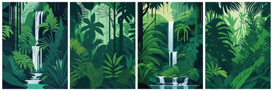 Fototapeta vector background of forest, jungle with waterfall for nature cover for banner, poster