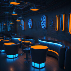Sci-Fi Futuristic Bar Interior, Cyberpunk Style With Neon Tube Lights, Retro Feeling, Bar and Stools, Generative AI