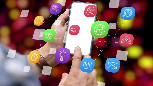 Business Management From Home, Connection and Network with Connected Mobile Apps. Businessman Hand Using Mobile Phone Clicking with Business Icons Animation over Smartphone Screen. 