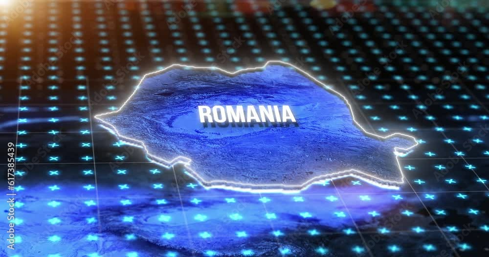 Poster Digital, map and Romania on an information technology or virtual world for global networking or connectivity. Future, cloud computing and grid for innovation, research or data science on planet earth