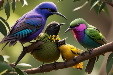 closeup shot of beautiful Birds sitting on a tree branch surrounded by green leaves_31