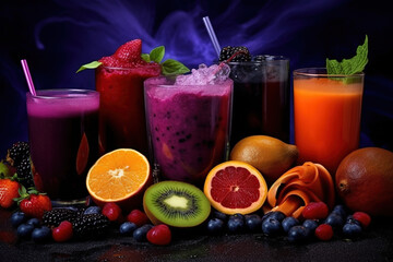 Natural fruit juices of different flavors and colors, healthy life. ia generate