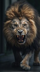 Fototapeta na wymiar Roaring Fury: Intense Close-Up of an Angry Lion Charging. Generative AI