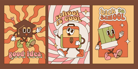 Set of Back to School A4 posters template in 70s-80s Groove Style with retro cartoon stationery characters. First Day of School Party Cards. Vector retro illustration with inspirational text.
