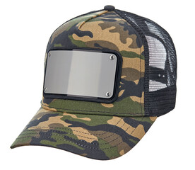 Cotton cap in military colors, with a visor, with a gray metal plate in front and a ventilated mesh at the back, isolated on a white background. - 617385870