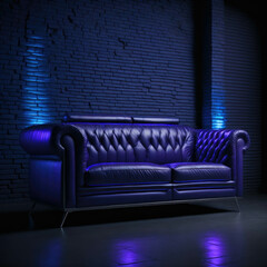 Futuristic Interior Sofa on Brick wall, Neon Lights Glowing, Party Club Dance Mood, Nightlife, Generative AI