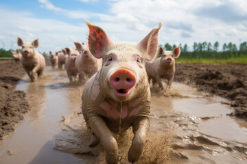 fröhliche Schweine rennen auf einer matschigen Wiese Generative AI - obrazy, fototapety, plakaty