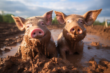 Freilandhaltung Schweine im Matsch Generative AI - obrazy, fototapety, plakaty