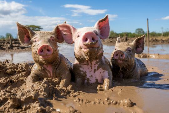 fr&ouml;hliche dreckige Schweine Kamerablick Generative AI