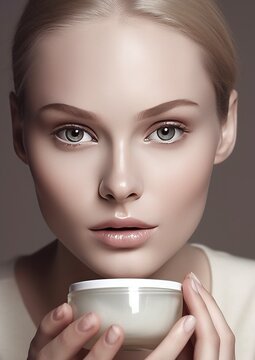 Radiant Beauty: Captivating Model Showcasing Flawless Skin and Beauty Product. Not a real person. Generative AI