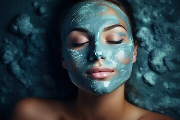 Fototapeta na wymiar Indulgent Bliss: Serene Model Embracing Spa Experience with Facial Beauty Products Mask. Not real person. Generative AI