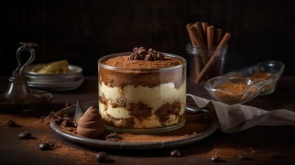 Gorgeous Photo of Tiramisu - A Classic Italian Dessert with Layers of Mascarpone Cheese, Coffee-Soaked Ladyfingers, and a Dusting of Cocoa Powder - Exquisite Product Photography