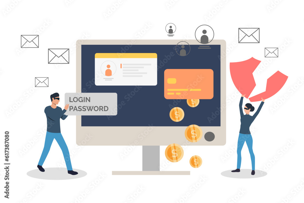Poster hackers breaking in computer vector illustration. thieves stealing money and passwords from personal