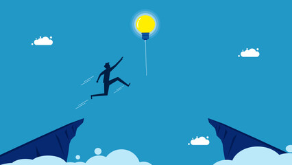 Success in learning new things. man jumping and grabbing a light bulb balloon vector