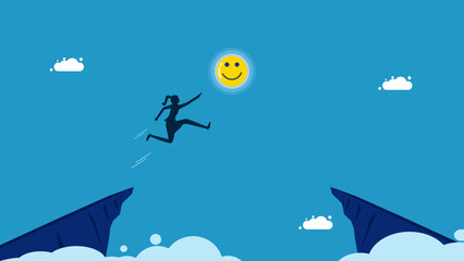 Discover a new life. woman jumping and grabbing happiness vector