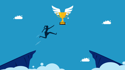Businesswoman jumping to grab a trophy vector