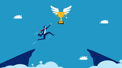 Businessman jumping to grab a trophy vector