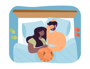 Interracial couple sleeping with cat vector illustration. Happy African American woman living with Caucasian man and pet in cozy home. Interracial relationship, family, love concept