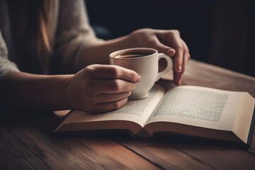 Hand Holding Coffee Cup Over Book, Generative AI